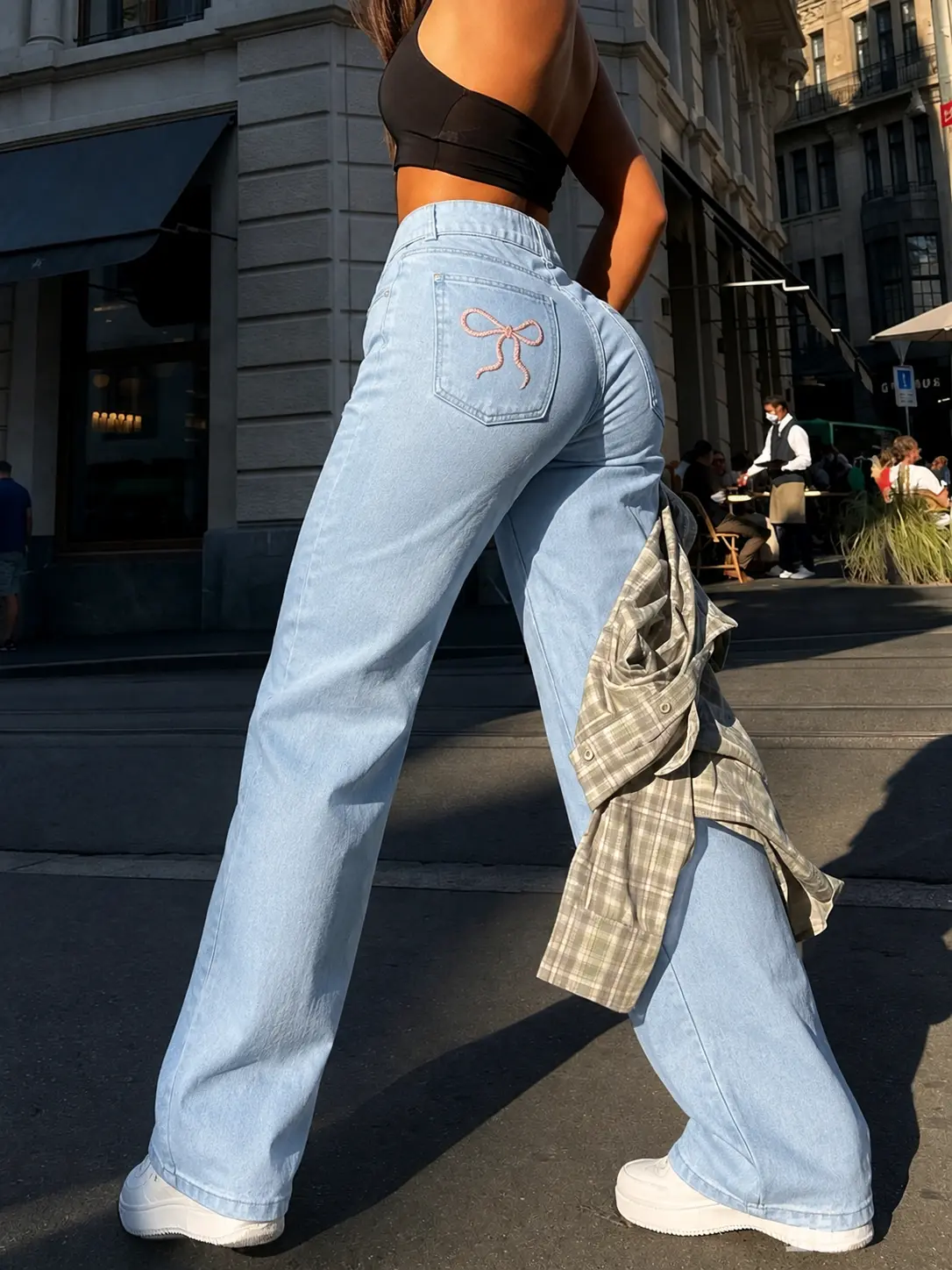 Women's Bowknot Bootcut Flare Jeans Stretchy High Waisted Straight Leg Denim Pants