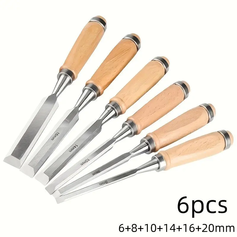 6-piece woodworking chisel set, professional woodworking tool set, bevel edge chisel set, CR-V steel chisel set with wooden handles, suitable for DIY and professional woodworking.tools and gadgets for him.adapt