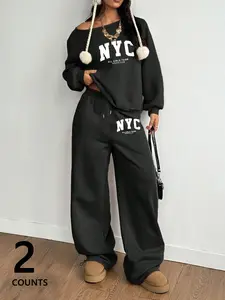 Women's Nyc Print Sweatshirt Set with Wide Leg Fleece Pants, Casual Comfortable for Fall Winter, New York Style