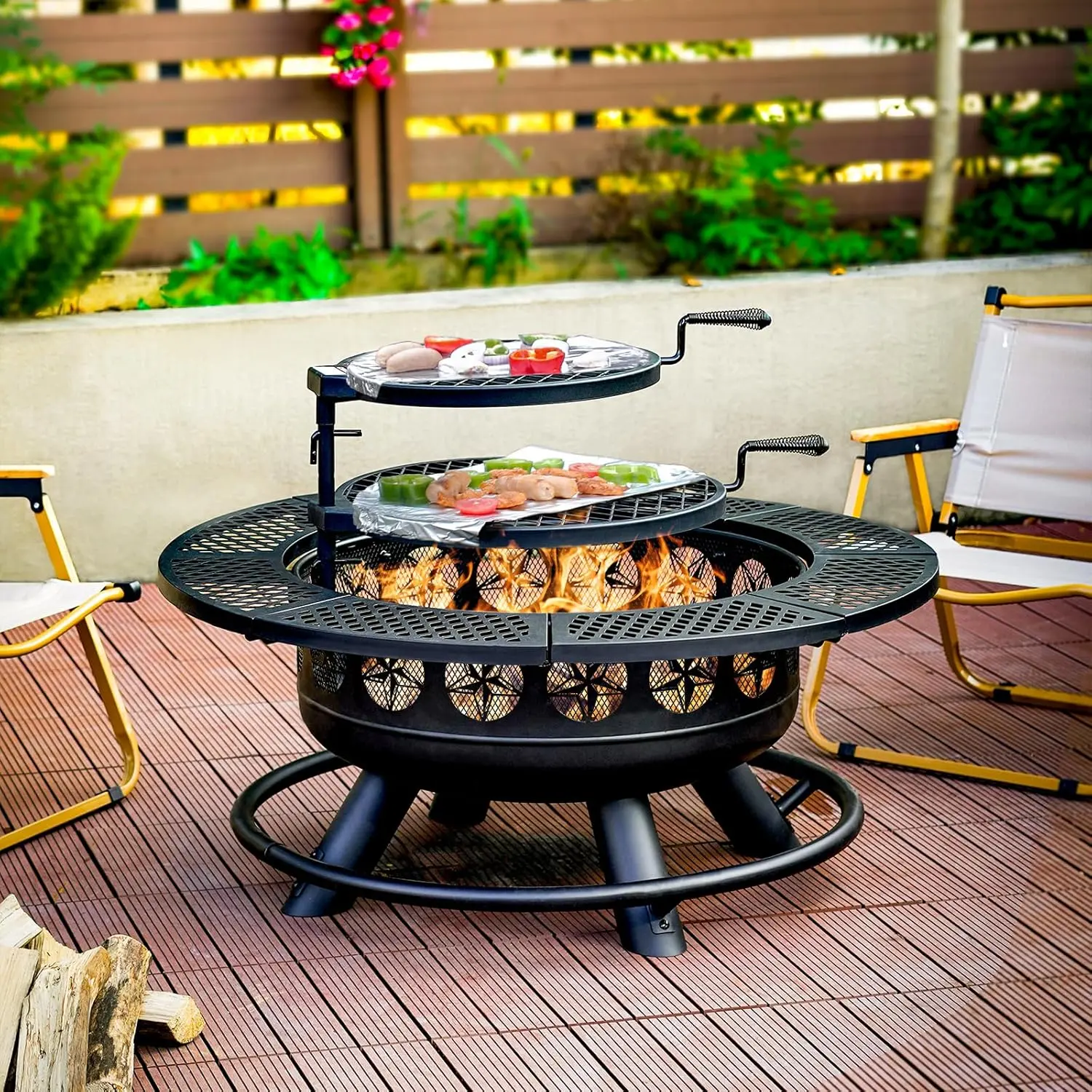 Black 36/42-Inch 3-in-1 Wood Burning Fire Pit Set, Outdoor Firepit with 2 Cooking Grills & Lid for Backyard, Patio Bonfire