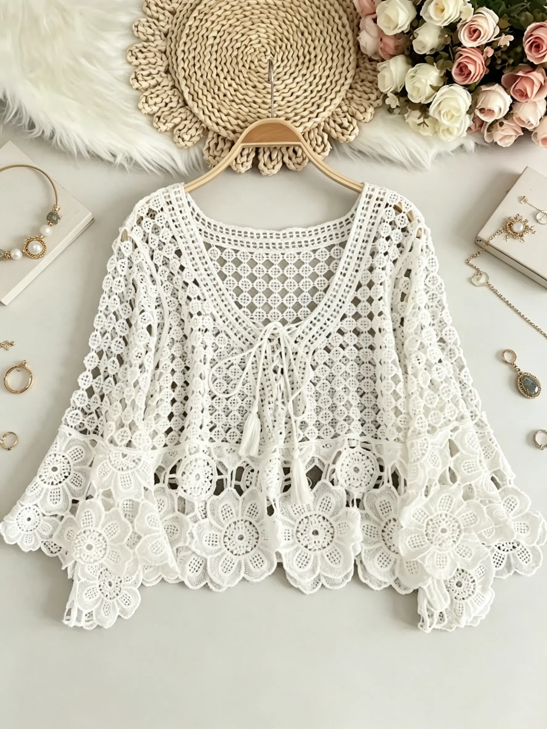 Women's Resort-Style Hollow-Out Crochet Knit Cover Up, Summer Flared-Sleeve Pullover with Tie, Loose Versatile Swimwear Surfwear Top