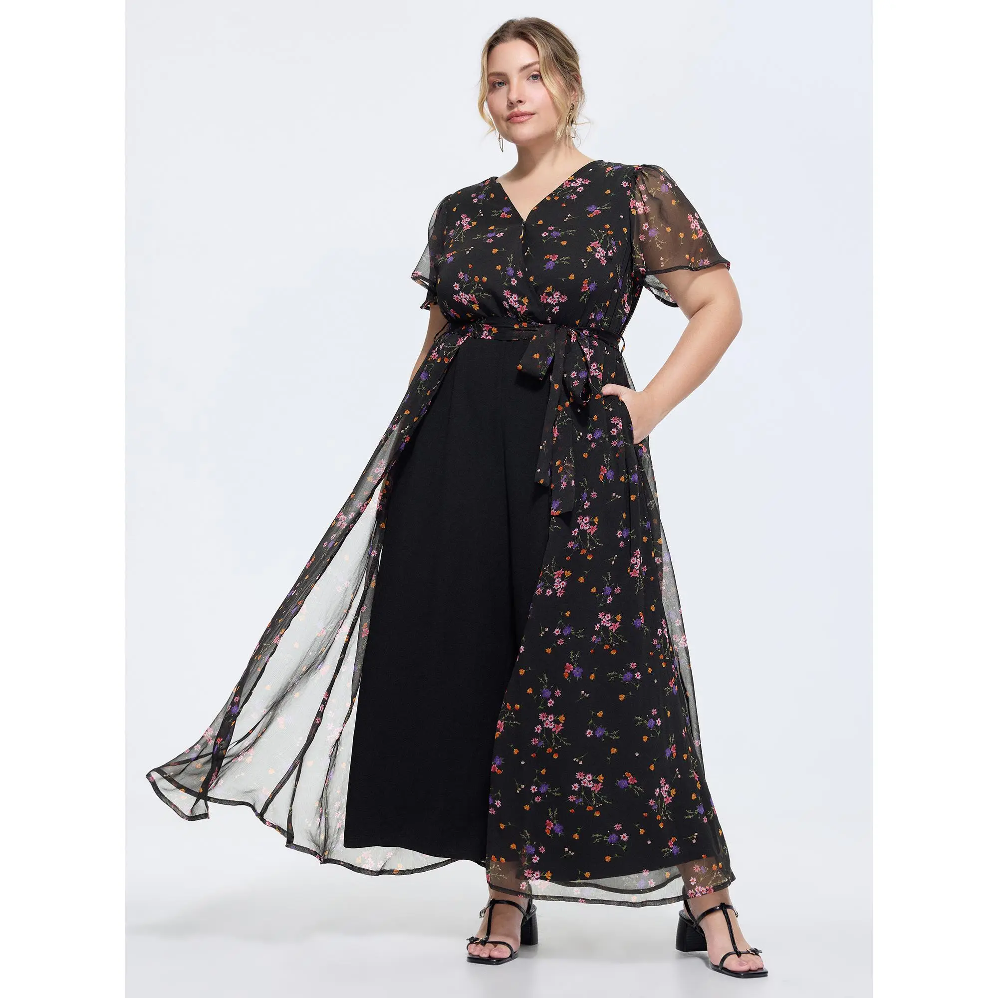 BloomChic Women's Plus Size Polyester-Spandex Patchwork Ditsy Floral Overlay Wrap Jumpsuit [M-6X] - 2026 Summer Loungewear Onesie, Garment, Sleeve, Pocket, Smooth, Perfect Fit