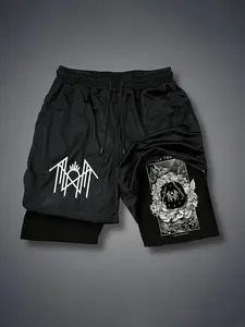 Tarot Print Faux Two-Piece Shorts, Sleep Token Band, American High Street Double Layer Pleated Sports Fitness Five-Quarter Pants, Graphic Athletic Shorts