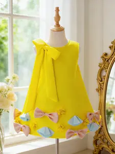 Childrens Dress Bow Floral Princess Dress Little Girls Birthday Party Piano Performance Costume Solid Color Dress