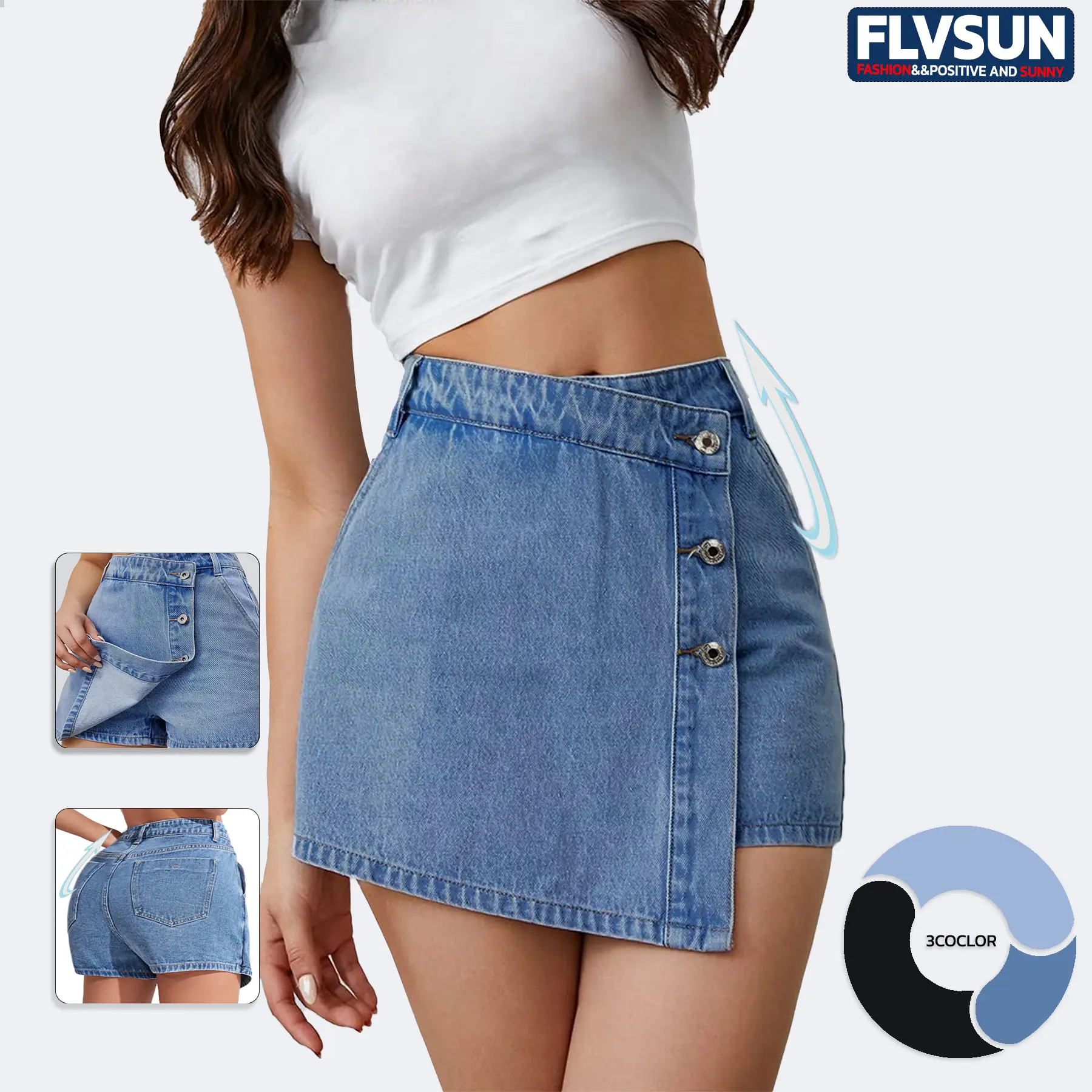 Flvsun Lady's Preppy Denim Skort, Cute High-Waisted A-Line Mini Skirt Bottom with Asymmetrical Buttons, Belt Loops, Cotton Blend, Mini Above Knee, Casual, All Seasons, Cold Wash, Lightweight, Minimalist, Jean Skort, Party, Denim Skort Skirts