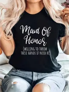 Funny Maid of Honor Bridesmaid T-Shirt Breathable, Sweat-Wicking, Soft, Lightweight Crew Neck Tee for Daily Commutes, Home Lounge, Casual Wear Vintage Style, Regular Fit, All-Season, PerfectUnisex 2026 Black T-Shirt