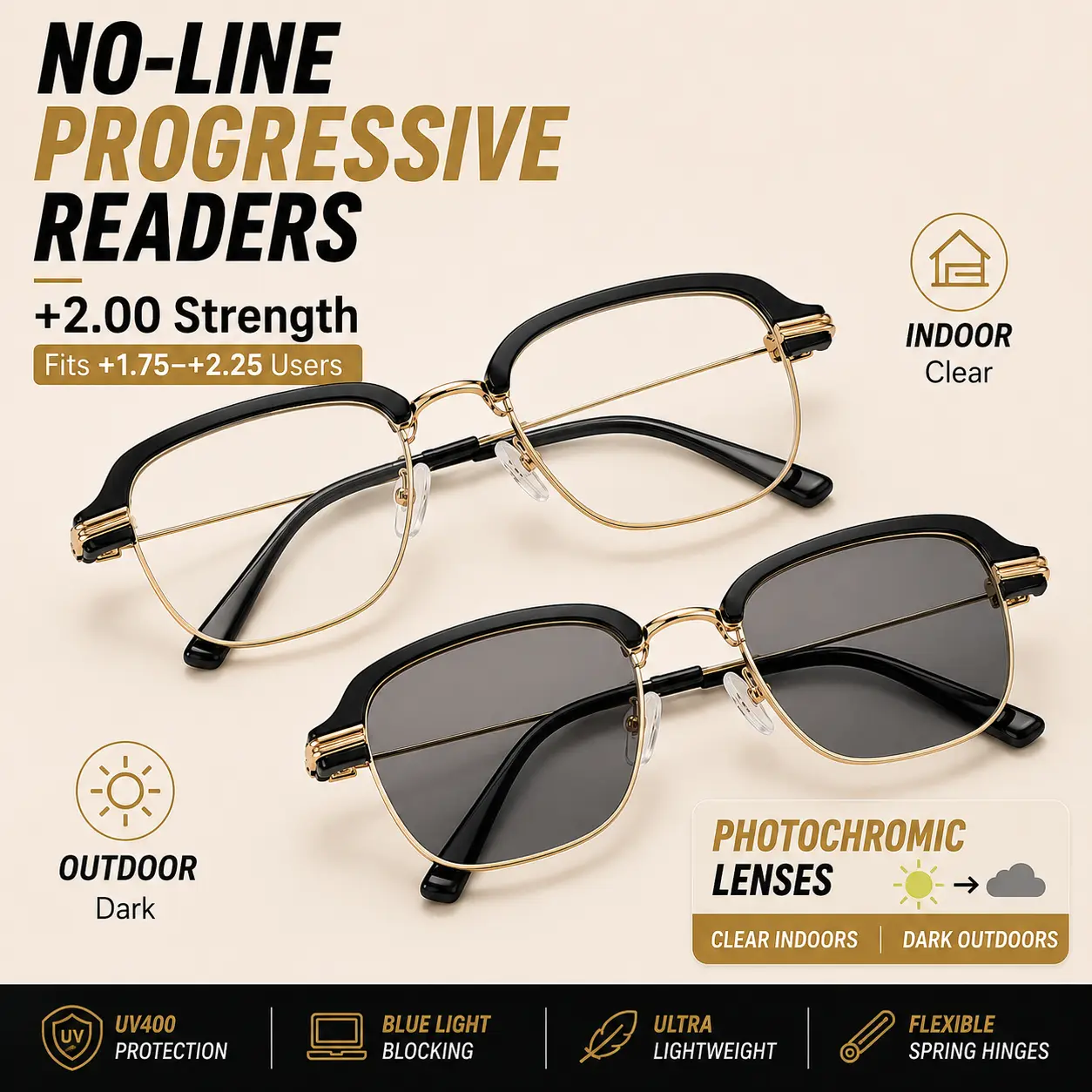 Father's Day Gifts for Men, Progressive Multifocal Reading Glasses +2.00, Photochromic Transition Lenses, Blue Light Blocking Readers, Semi-Rimless Readers for Men & Women