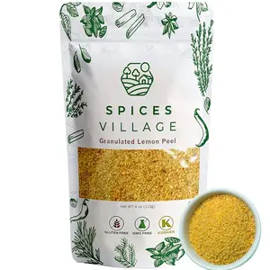 SPICES VILLAGE Lemon Peel Zest, Dried Lemon Peel Granules, Lemon Zest Seasoning for Baking, (4 Oz), Citrus Fruit Seasoning for Cooking & Herb Tea - Kosher, Gluten Free, Non GMO, Resealable Bulk Bag