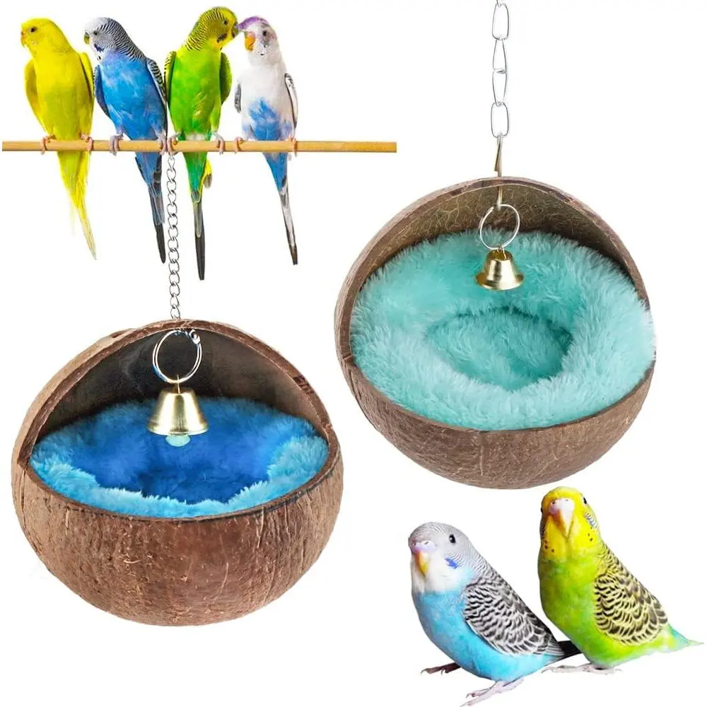 2 count  Coconut  Bird Nest House Bed Breeding Nesting Anti-Pecking Bite with Warm Pad and Bell for Bird Parrot Budgie Parakeet Cockatiel Conure Lovebird Canary Finch