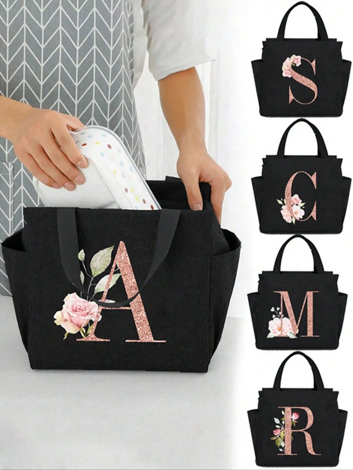 Custom Initial Insulated Lunch Bag, Canvas Thermal Bento Box, Zipper Closure, Large Capacity Aluminum Foil Lining, Ideal for Work School Travel, Durable Lunch Bags