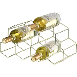 Modern Gold Metal 2 Tier Countertop Wine Rack Holds 9 Bottles Freestanding Tabletop Wine Holder Stand for Kitchen Cabinet Pantry Bar No Assembly