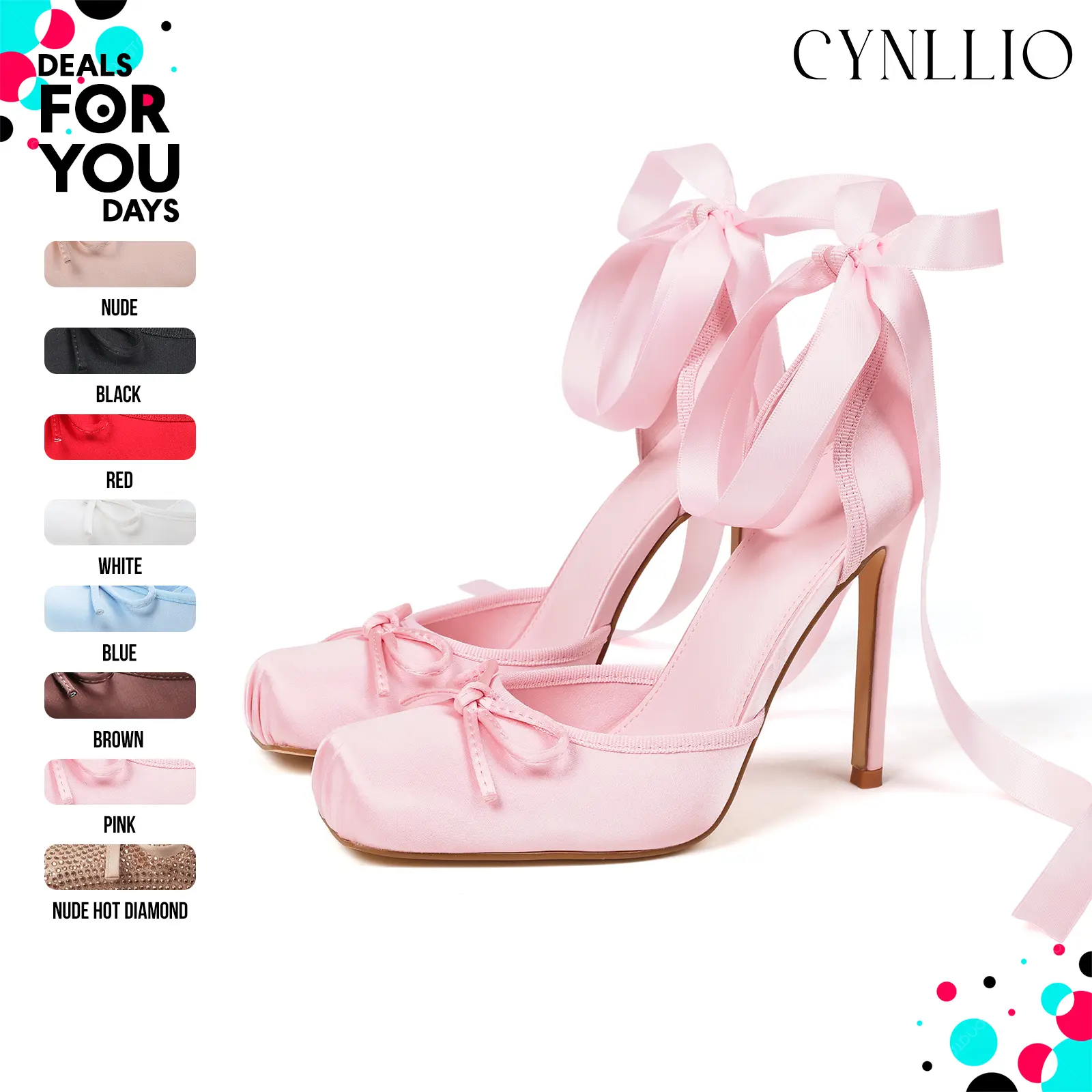 CYNLLIO Womens Satin Ballet Heels Closed-Back Pumps Bownot Ribbon Square Toe Elegant Lace Up Ballerina Stiletto Heel Ankle Strappy Mary Janes Slip On Comfy Wedding Party Casual Work Dating Outing Fashionable Dress Summer Heels Shoe