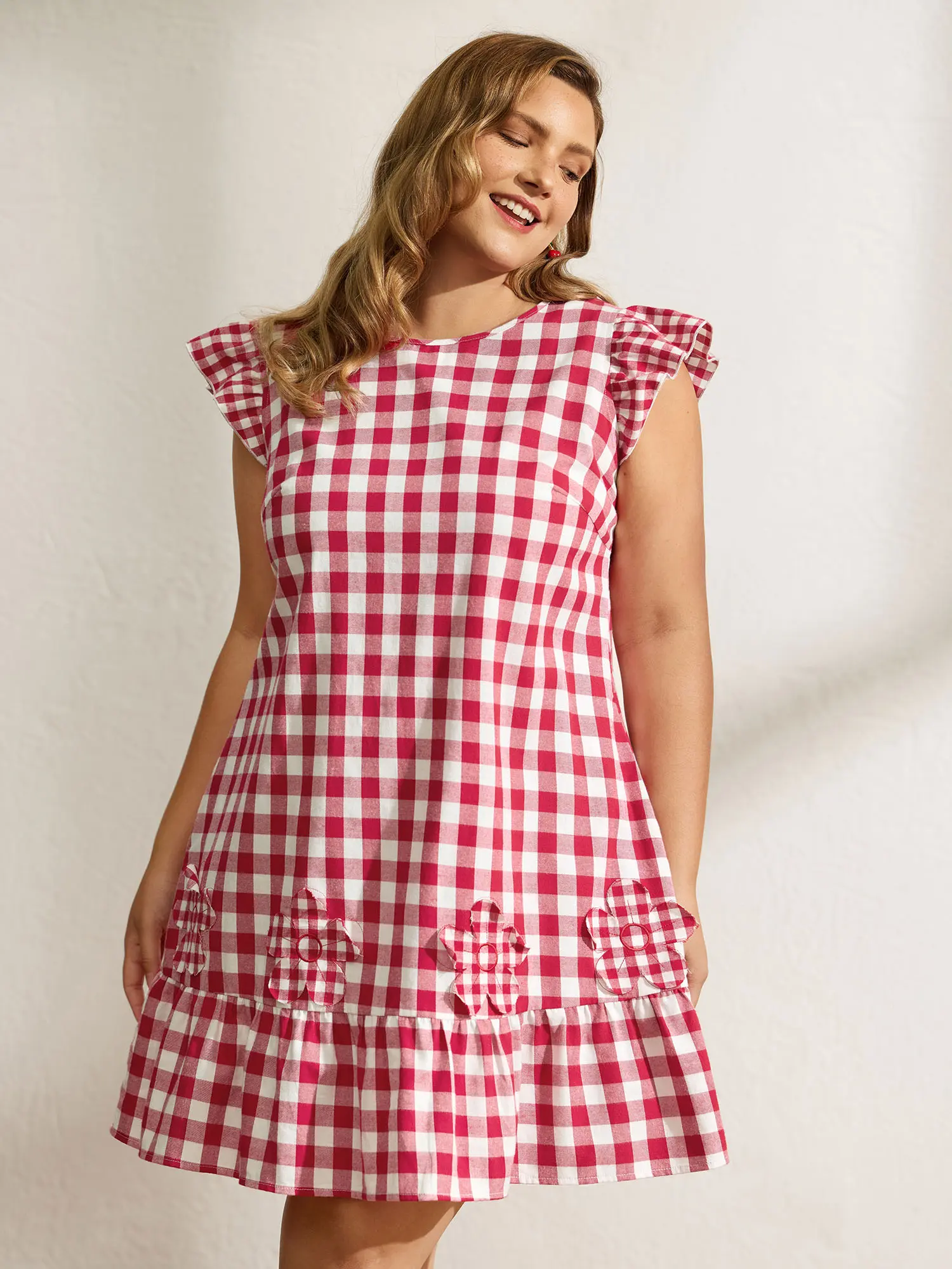 Women's Comfy Embroidered Frilled Grid Casual Cotton Plaid Knee Dress - BLOOMCHIC Preppy Style Summer Dress with Turn-Up Sleeves, Comfy Casual Dresses, Embroidered Casual Dresses Summerfinds