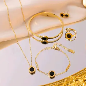 Waterproof 18K Gold Plated Black Roman Numeral Pendant Necklace Earrings Bracelets Ring Fine Fashion Jewelry Set for Women