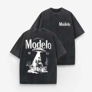 UFO Cowboy Graphic-Shirt – 230g Heavyweight Vintage Washed Cotton Retro Streetwear Tee With Cerveza Modelo Letter Print, UFO Western Cowboy Desert Scene Design, Y2K Oversized Casual Short Sleeve Men's Summer Fashion
