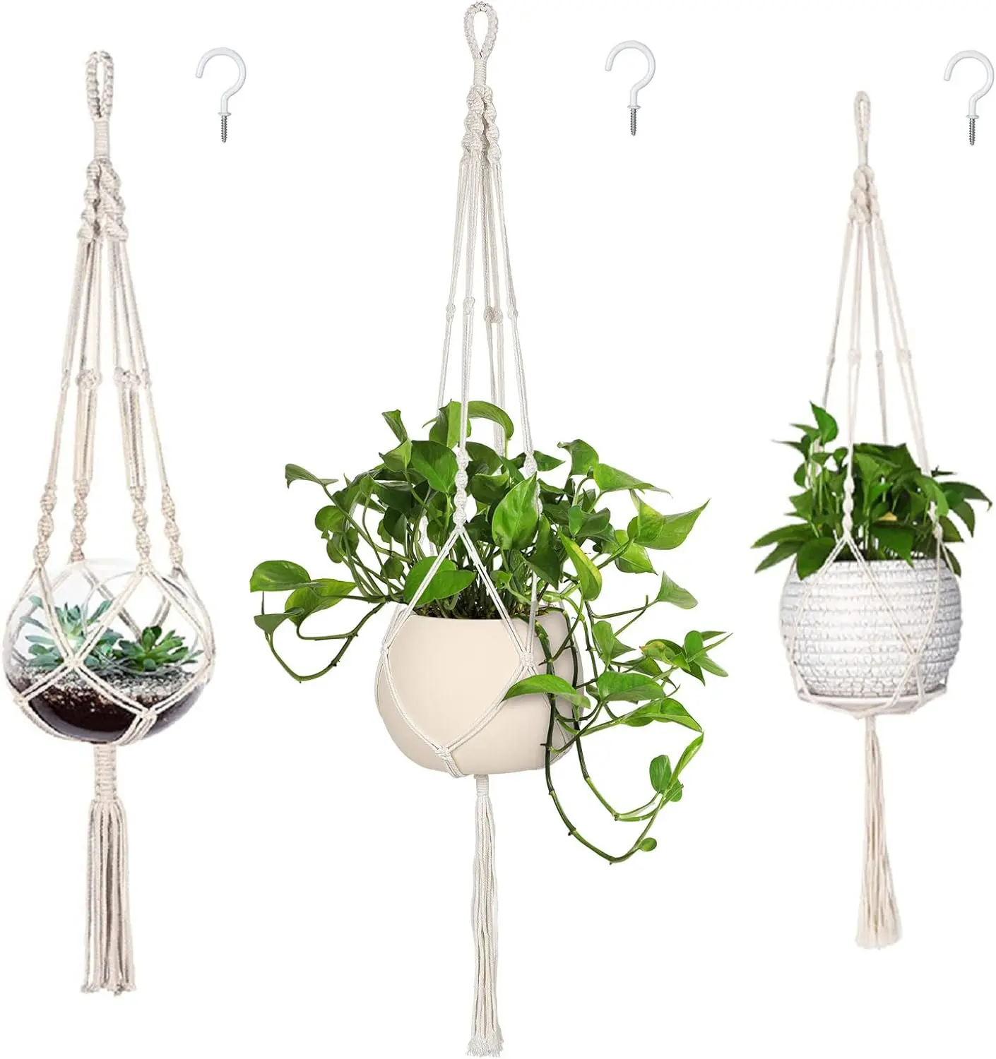 Ivory Macrame Plant Hanger 3-Pack - 35-in Length Handmade Cotton Yarn Rope Hanging Baskets, Flower Pots & Planters with Self-Watering Nursery Pots, Detachable Trays, 3 Hooks, No Tassels for Indoor Boho Decor, Outdoor Gardens