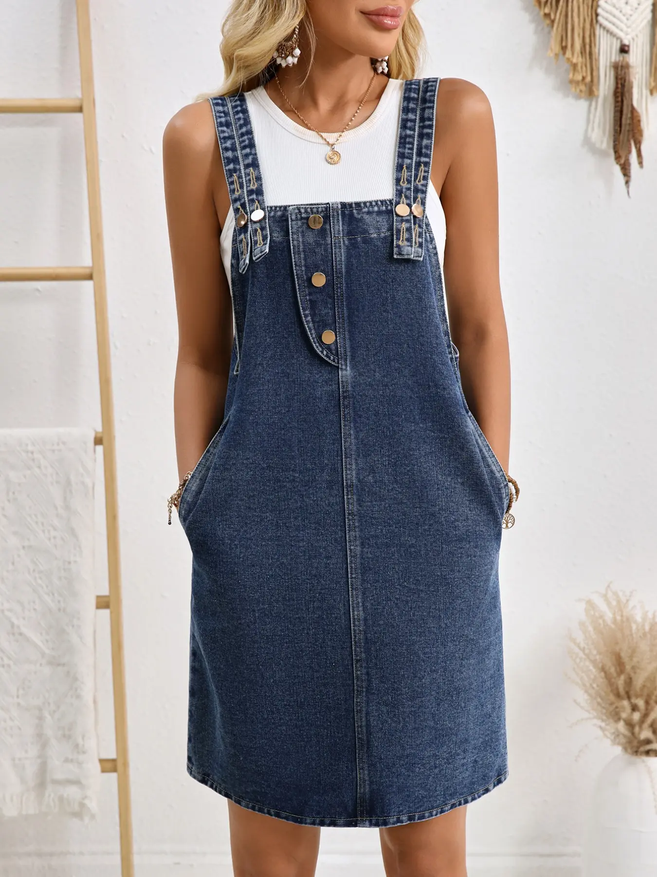 Women's Adjustable Denim Utility Skirt Sleeveless with Wide Straps, Front Buckle, Loose Fit, Side Pockets, Everyday Summer Casual Dress, Style