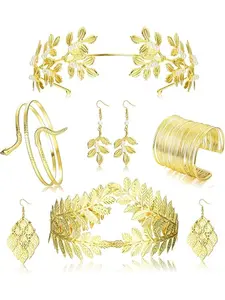 8 Pcs Greek Goddess Costume Accessories Set for Women Greek Leaf Headband Laurel Crown Headpiece Upper Arm Bridal Cuff Wire Bracelet Artificial Pearl Earrings Toga Costume Jewelry Wedding Party