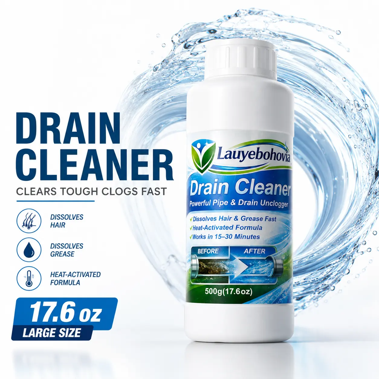 Lauyebohovia Heavy Duty Drain Cleaner & Clog Remover, Fast Acting Hair & Grease Dissolver for Kitchen Sink, Shower & Toilet, 17.6 oz tiktokshopbacktoschool homeessentials