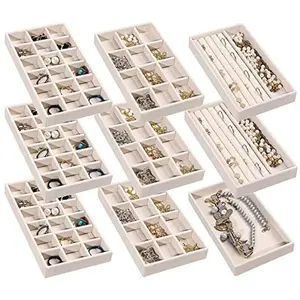 Jewelry Organizer Tray - Stackable Velvet Jewelry Trays, Drawer Inserts Earring Organizer for Women Girls, Jewelry Storage Display Case for Rings, Studs, Necklaces, Set of 9 (Beige)