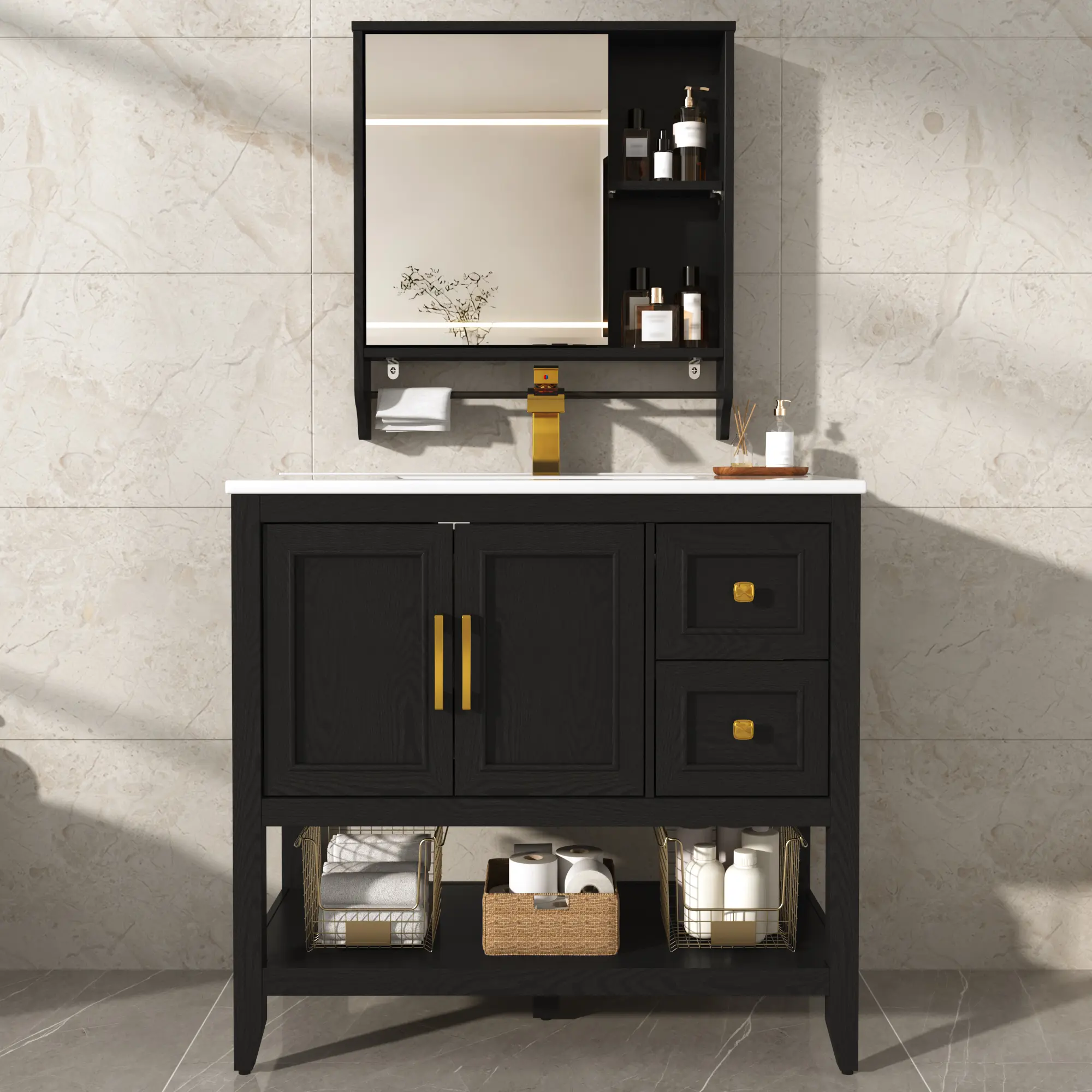 36-Inch Single Sink Farmhouse Bathroom Vanity Set - Indoor Use Furniture with Faucet, Rectangular Mirror Cabinet, Ample Storage Cupboard