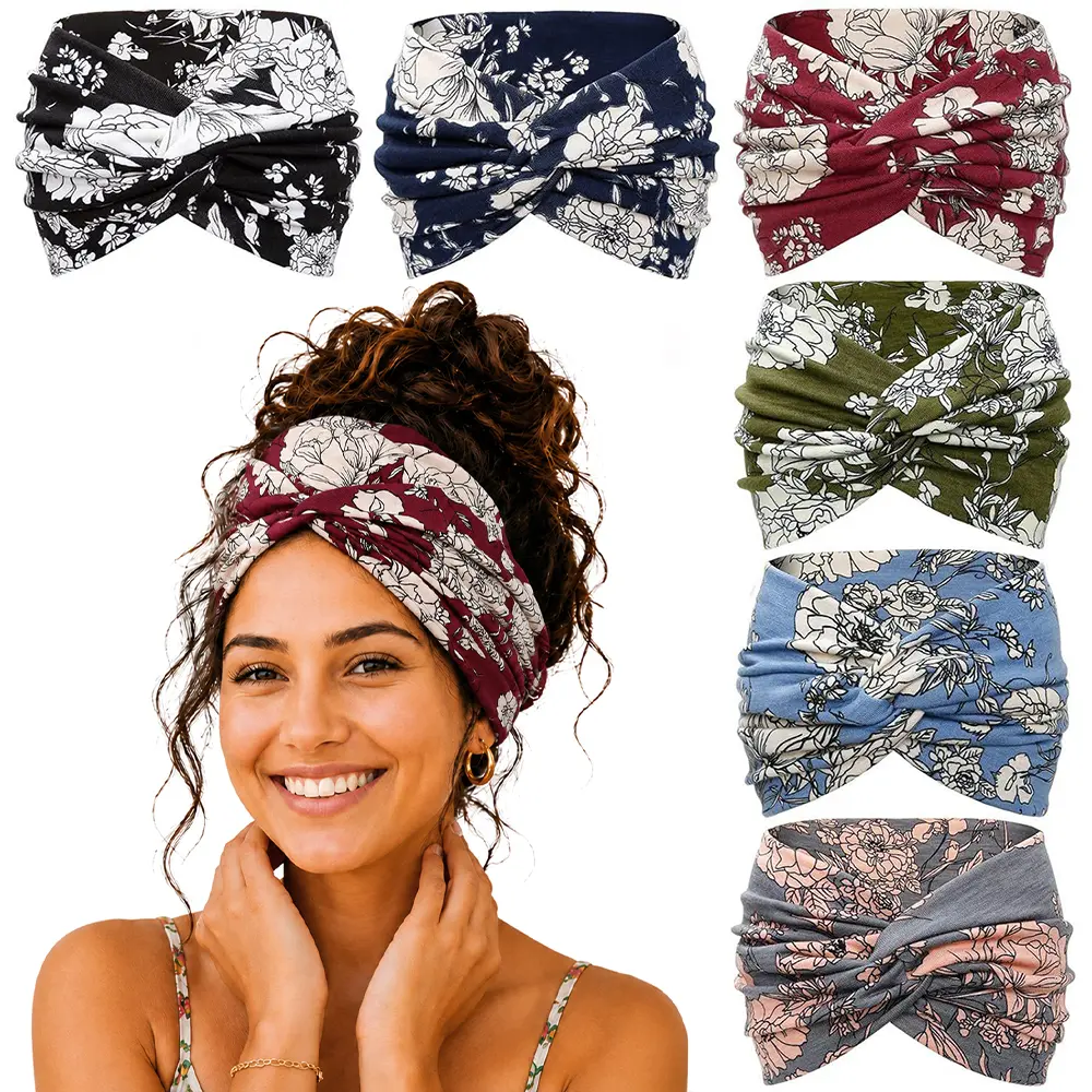 6 Pack Boho Printed Twist Wide Headbands for Women, Soft Stretch Non Slip Paisley Leopard Striped Hair Wraps, Elastic Turban Head Bands for Thick Curly Hair Yoga Skincare Daily Outfits
