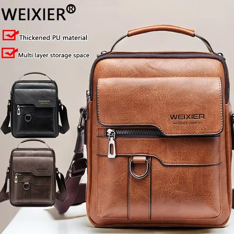 WEIXIER Men's Leather Crossbody Bag - Multifunctional Compartment Design, Vintage Style, Suitable for Business, Casual Occasions, Ideal Gift for Men Retro Commuter