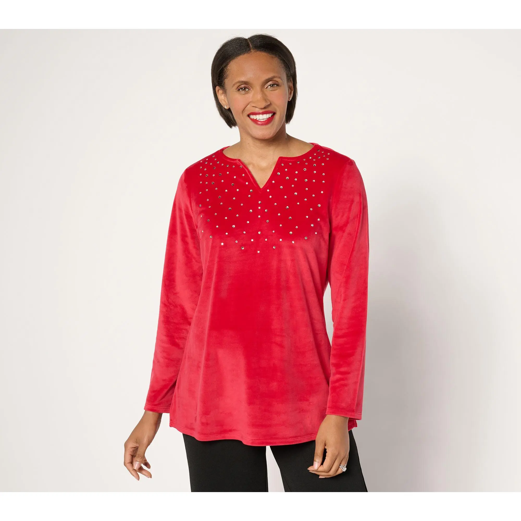 Quacker Factory Sparkle & Shine Split Neck Long sleeve Velour Tunic