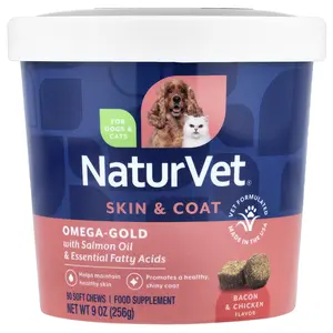 NaturVet Omega-Gold With Salmon Oil & Essential Fatty Acids, For Dogs & Cats, Bacon & Chicken, 90 Soft Chews, 9 oz (256 g)