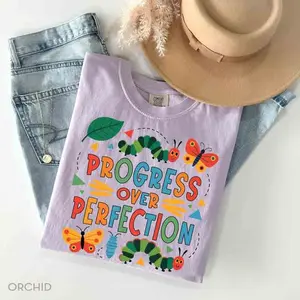 Orchid Comfort Colors Special Education Teacher 100% Cotton Unisex T-shirt Neurodiversity Graphic Tee BCBA Gift Shirt Mental Health Awareness Design Progress Over Perfection Design All Seasons