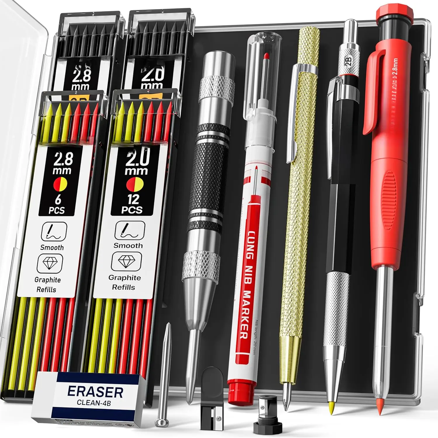 14 Pack Carpenter Pencil Set with Sharpener, Mechanical Carpenter Pencils with 60 Refills, Deep Hole Long-Nib Marker Pens, Carbide Scribe Tool & Construction Pencils for Architect with Case