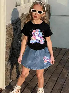 Girls' Summer Rainbow Unicorn Set, Casual Summer Set, Dreamy Unicorn Print Short Sleeve T-Shirt + Denim Half Skirt, Cute Fairy Tale, Comfortable Kids Clothes, Summer Clothing Set