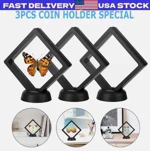 3 Pack Black 3D Floating Coin Display Frame Holder Box Case Black&Stand Φ2.2In
