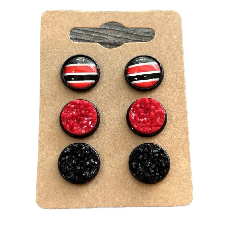 Red & Black Striped Druzy Cabochon Earrings Set for Women 12mm Lightweight Comfortable Studs with Clear Backs