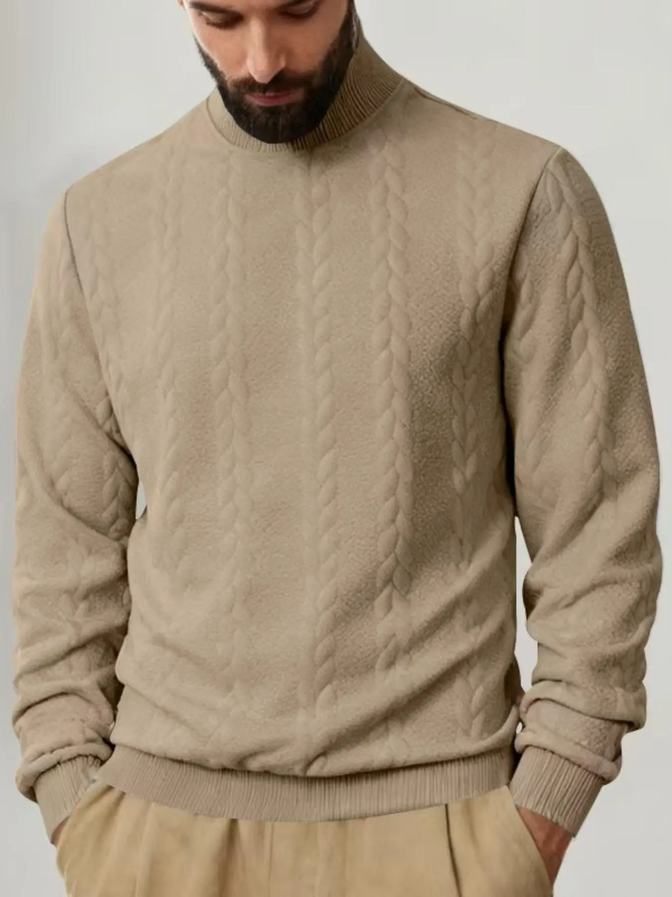 Men's solid color plain knitted jacquard turtleneck sweater, casual and comfortable regular slim fit long-sleeved sweater and sweater, layered, suitable for autumn and winter wear, and men's daily outfits.
