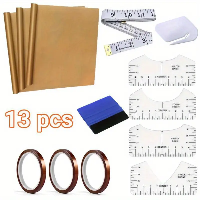 13-Pcs DIY Sublimation Shirt Sewing Tool Set - Sewing Accessories and Supplies for DIY Enthusiasts, Including Template, Soft Tape, Scraper Tool, Tape for Personalized Clothing Production