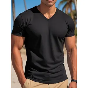 Men's summer V-neck T-shirt-sleek black, lightweight knit fabric, casual sporty style, breathable short sleeve tee