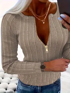 Women's Fall Winter V-Neck Fashion Long Sleeve Top, Stylish Basic Casual T-Shirt, Knitwear, Comfortable and Trendy, Perfect for Daily Wear, Knitted Blouse