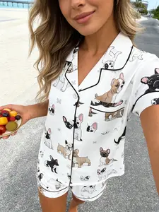 Women's Short Sleeve Pyjama Set, French Bulldog Full Print, Casual Comfortable Breathable Home Wear, All Seasons