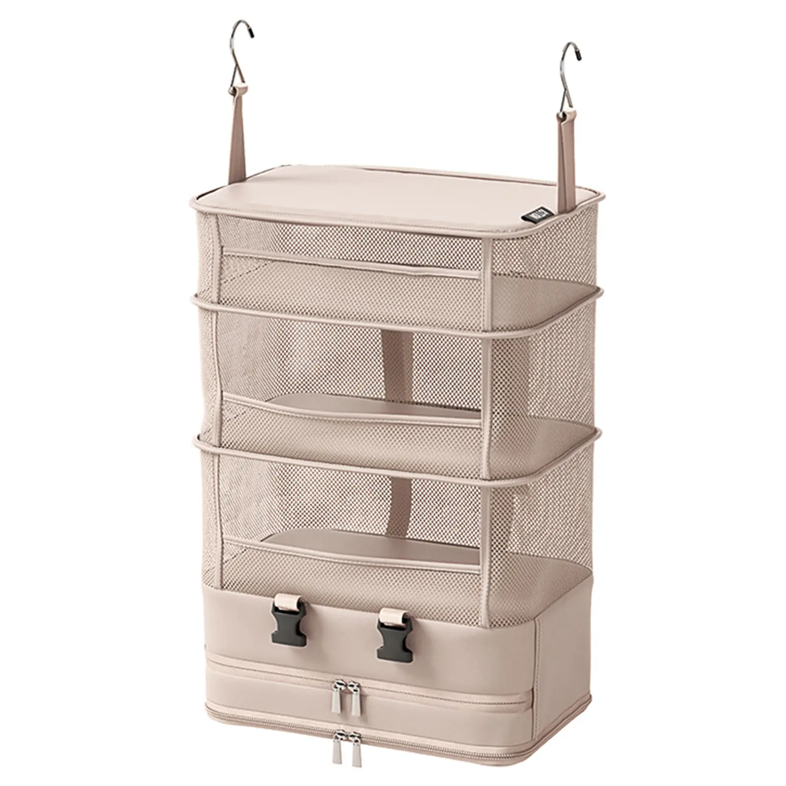Modern Beige Mesh Foldable Shelf Hanging Closet Organizer with Zipper Bottom Bag, Compact Home Storage for Clothing/Accessories, Dorm Room Essentials for College Students