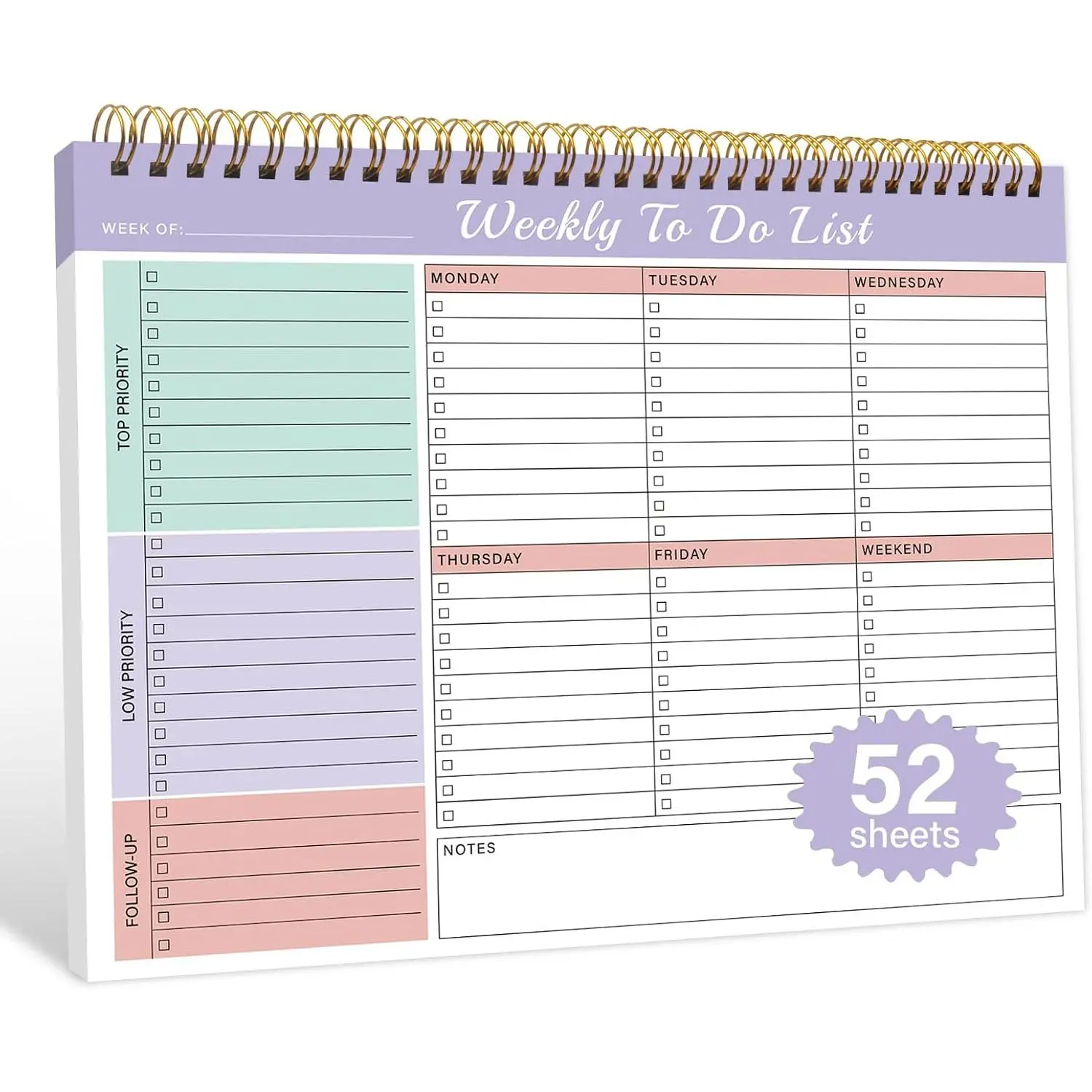 Weekly  Notepad with 52 Undated Sheets(8.5"x11")- Weekly Desk Planner Pad with Spiral Binding for Women & Man, Office, School and  Personal Organizer