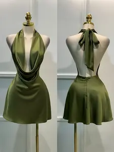 Women's Halter Neck Satin Short Dress, Summer Elegant Sleeveless Backless Party Dress