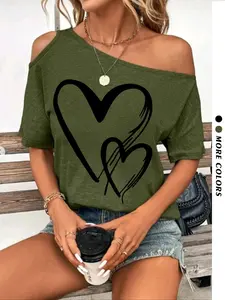 Women's Love Heart Print Cut Out One Shoulder Half Sleeve Tee Top, Fashion Casual Batwing Sleeve Asymmetrical Neck T-Shirt for Summer, Ladies Clothes for Daily Wear