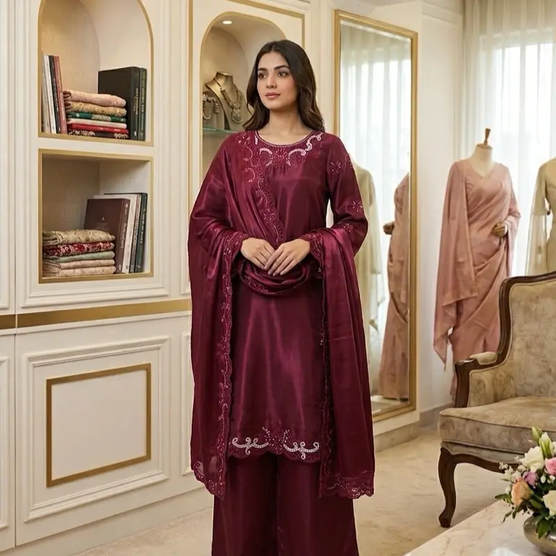 Maroon Shisha Silk Embroidered 3-Piece Sharara Set – Size M