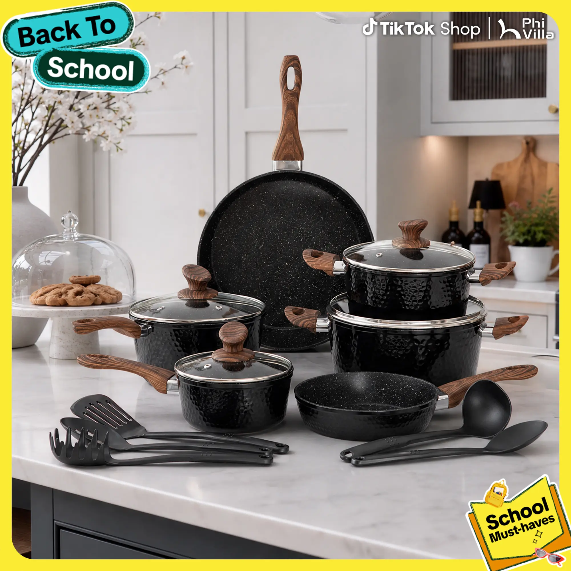 Kitchen Academy Premium Cookware Sets - 15 Pieces Triple Coated Nonstick Aluminum Composition for Stovetop, Hammered Design, Cooking Pans Set