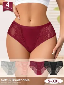 4 Pack Soft Breathable Lace Women's Underwear, Sexy Mesh Butterfly Panties, Lace Trim Knickers, Lingerie, Medium Waist, Sizes S-Xxl, Casual Fitted Design, All Seasons Wear