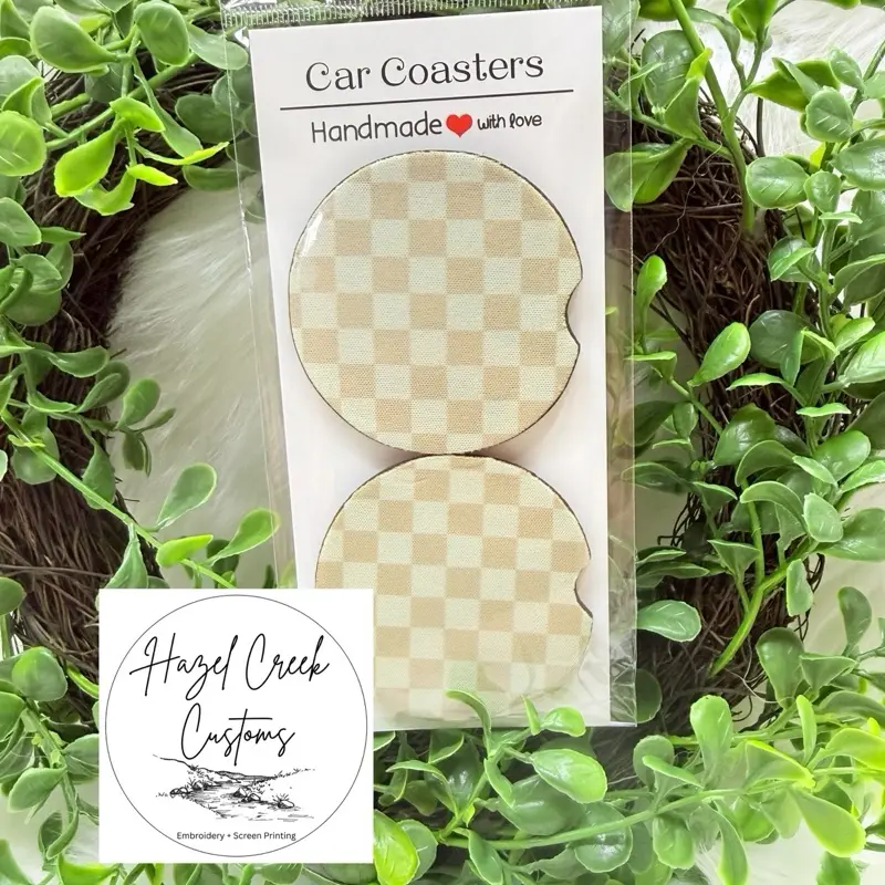 Tan Neutral Checkered Car Coasters