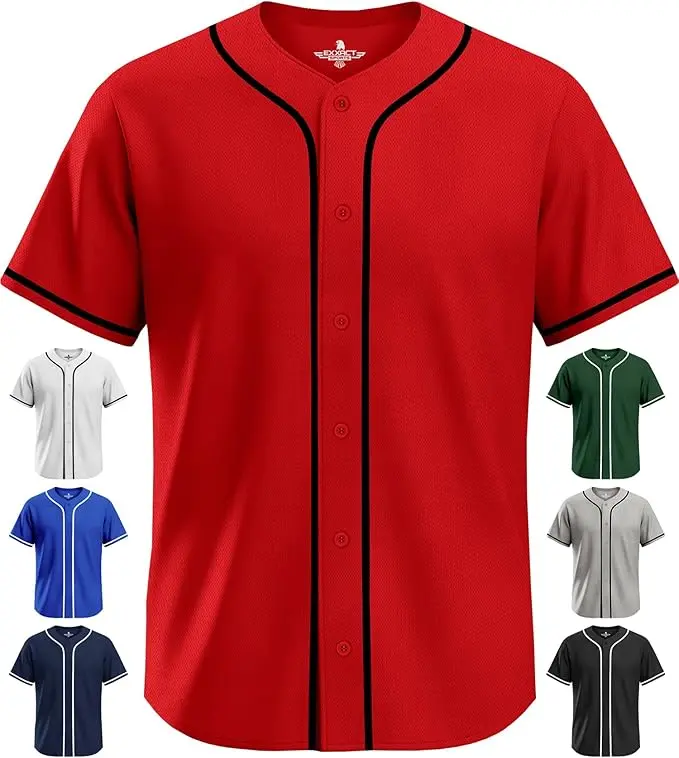 Exxact Sports Blank Baseball Jersey Men, Full Button Down Plain Baseball Jersey, Sports Uniforms Men Women Jersey - (Red) Baseball Jersey for Fans