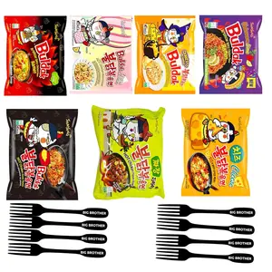 Buldak Noodles Variety Pack 7 Flavors (7 count): | Spicy Noodles Buldak Original | Cheese | buldak Habanero Lime |Stew Type Buldak Noodles | Buldak Noodles Jjajang | Buldak Carbonara | Or | Cream Carbonara Buldak Noodles, 7x Plastic Forks