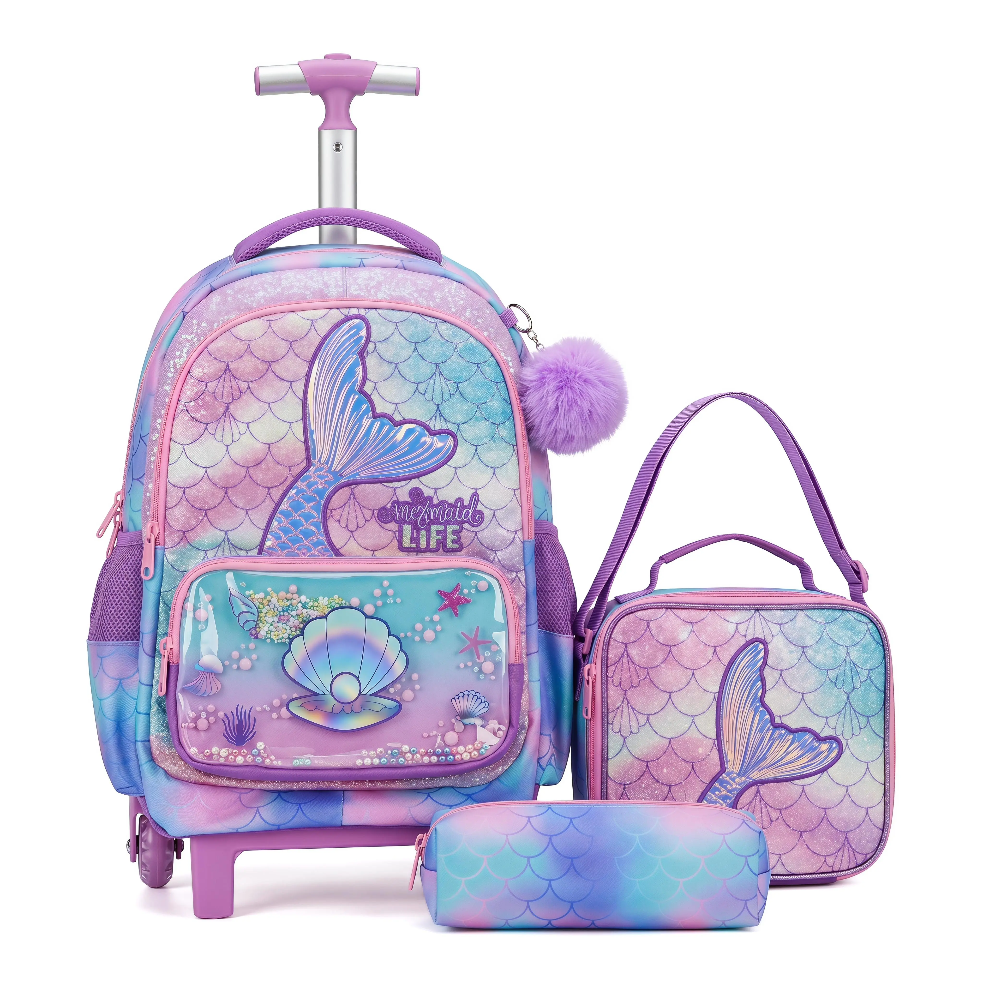 Girls' 3D Glitter Mermaid Tail Rolling Backpack Set - Back to School Haul, First Day of School Princess Fairy Tale Bag with Shell Shaker Lunch Bag, Pencil Case for Beach Trips, Smooth Wheels, School/Beach